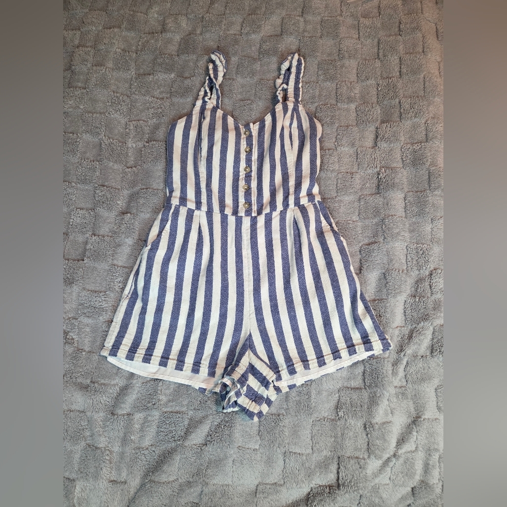 Hollister Womens M Sleeveless Romper Shorts Blue/white Elastic Back Half Button - Picture 2 of 15
